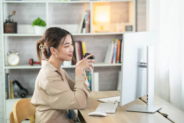 Asian Freelance Woman Smiling Holding Cup Hot Coffee Working Laptop — Photo