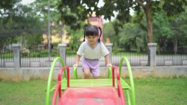 Cute Asian Girl Play School Kindergarten Yard Playground Healthy Summer — Stock Video