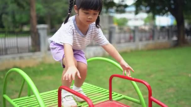 Cute Asian Girl Play School Kindergarten Yard Playground Healthy Summer — Stock Video