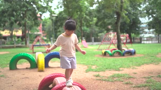 Cute Asian Girl Smile Play School Kindergarten Yard Playground Healthy — Vídeo de Stock