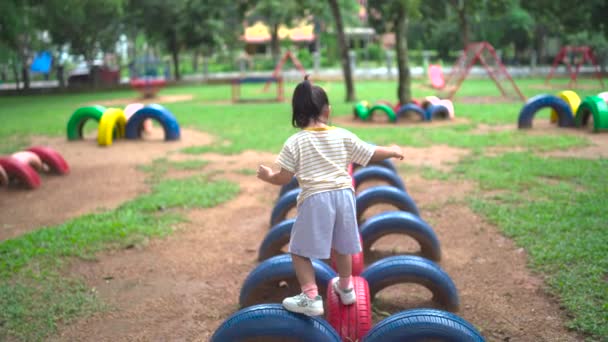 Cute Asian Girl Smile Play School Kindergarten Yard Playground Healthy — Stock video