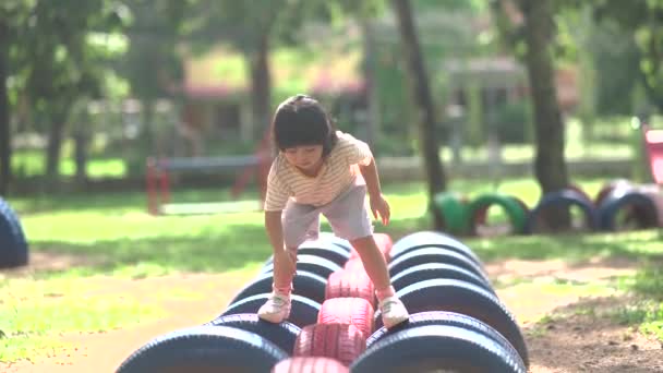 Cute Asian Girl Smile Play School Kindergarten Yard Playground Healthy — Vídeos de Stock