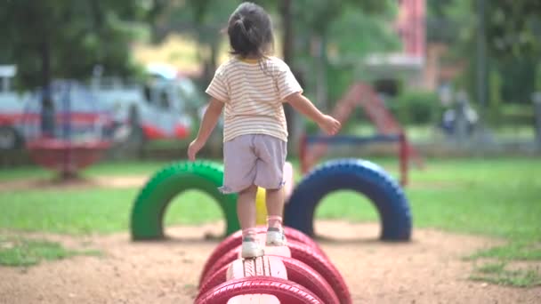 Cute Asian Girl Smile Play School Kindergarten Yard Playground Healthy — Vídeo de Stock