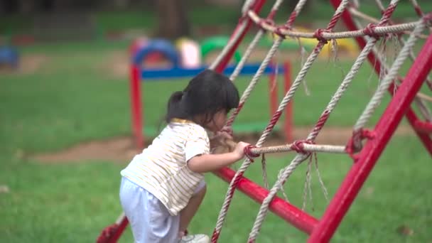 Cute Asian Girl Smile Play School Kindergarten Yard Playground Healthy — стоковое видео