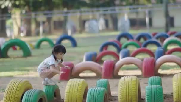 Cute Asian Girl Smile Play School Kindergarten Yard Playground Healthy — Vídeo de Stock