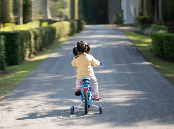 Asian Baby Girl Child Learning Ride Bicycle Park Garden Education — Stock Photo, Image