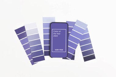 Renk örnekleri ve 2022 yılının renginde akıllı telefon. Renk eğilimi paleti. Üst manzara, düz uzanma.