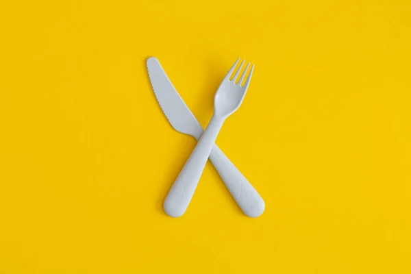 Food Plastic Cutlery Yellow Background Concept Recycling Plastic Ecology — Stock Photo, Image