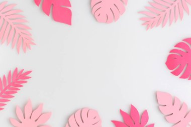 Beyaz arka planda tropik pembe kağıt yaprakları. Üst manzara, düz uzanma.