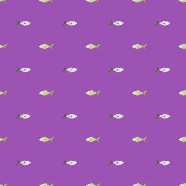 Parlak menekşe arkaplanda kusursuz desenli balık. Deniz hayvanlarıyla süslenmiş soyut bir süs. Kumaş için geometrik şablon. Tasarım vektörü illüstrasyonu.