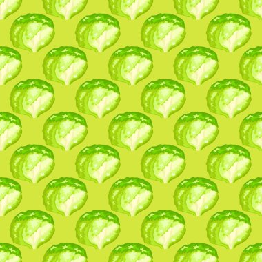 Parlak yeşil arka planda kusursuz desenli buzdağı salatası. Marullu basit bir süs. Kumaş için geometrik bitki şablonu. Tasarım vektörü illüstrasyonu.