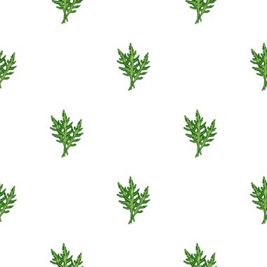 Beyaz arka planda kusursuz desenli roka salatası. Marullu basit bir süs. Kumaş için geometrik bitki şablonu. Tasarım vektörü illüstrasyonu.