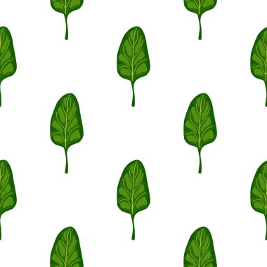 Beyaz arka planda kusursuz ıspanak salatası. Marullu minimalist bir süs. Kumaş için geometrik bitki şablonu. Tasarım vektörü illüstrasyonu.