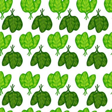 Beyaz arka planda kusursuz desenli ıspanak salatası. Marullu basit bir süs. Kumaş için geometrik bitki şablonu. Tasarım vektörü illüstrasyonu.