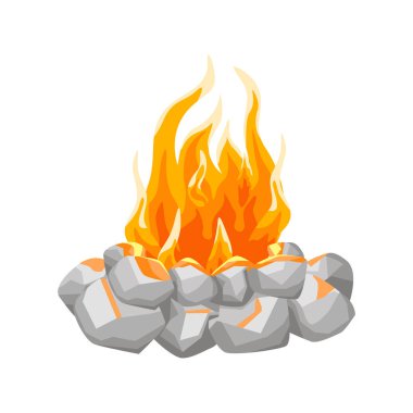 Beyaz arka planda izole edilmiş kamp ateşi taşı. Düz bir şömine yürüyüşü. Herhangi bir amaç için çizgi film vektör çizimi.