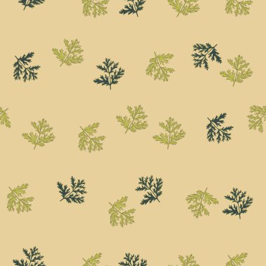 Bej arka planda kusursuz desenli pelin otu. Güzel bitki süsü yaz yeşili rengi. Kumaş için rastgele doku şablonu. Tasarım vektörü illüstrasyonu.