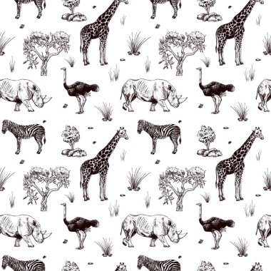 Kusursuz desenli safari beyaz arka planda izole edilmiş. Afrika hayvanlarından zürafa, devekuşu, gergedan, oyma tarzında zebra. Savana 'nın tekstil tasarımı monokrom baskısı. Vektör illüstrasyonu