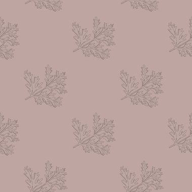 Pastel kahverengi arka planda pürüzsüz desenli pelin ağacı. Güzel bitki süsü. Kumaş için geometrik doku şablonu. Tasarım vektörü illüstrasyonu.