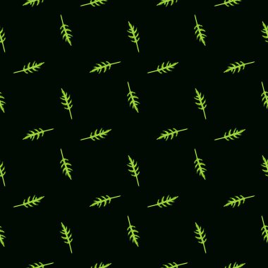 Siyah arka planda kusursuz desenli roka salatası. Marullu minimalist bir süs. Kumaş için geometrik bitki şablonu. Tasarım vektörü illüstrasyonu.