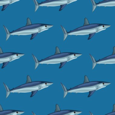 Mavi arka planda kusursuz desenli köpekbalığı Mako. Kumaş tasarımı için hayvan şablonları. Tekstil baskısı, ambalaj, kapak için harika. Vektör illüstrasyonu.