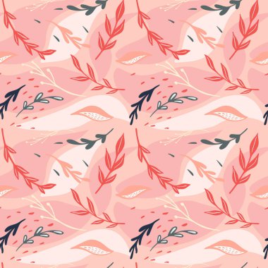 Pembe arka planda izole edilmiş çeşitli basit bitki ve yapraklara sahip kusursuz desenler. Farklı dalları olan güzel bir iz. Tekstil, kumaş, hediye paketi, duvar kağıtları için tasarım şablonu.