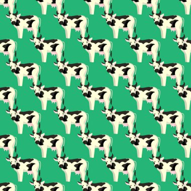 Parlak yeşil arka planda kusursuz desenli inek. Herhangi bir amaçla çiftlik hayvanlarının dokusu. Tekstil kumaş tasarımı için geometrik şablon. Basit vektör süsü.