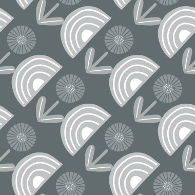 Gri arka planda kusursuz desenli soyut çiçekler. Tekstil tasarımı için bitkilerin minimalist dokusu. Herhangi bir amaç için geometrik şablon izi. Basit vektör kumaş süsü.