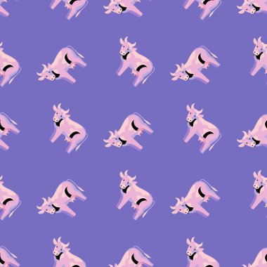 Eflatun arka planda kusursuz desenli inek. Herhangi bir amaçla çiftlik hayvanlarının dokusu. Tekstil kumaş tasarımı için geometrik şablon. Basit vektör süsü.