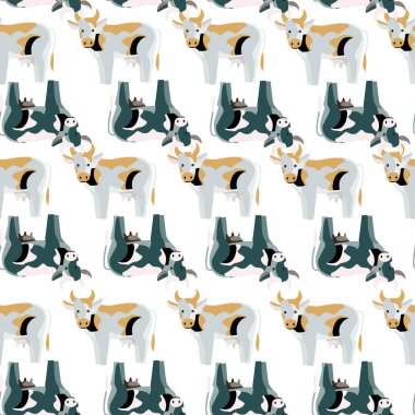 Beyaz arka planda kusursuz desenli inek. Herhangi bir amaçla çiftlik hayvanlarının dokusu. Tekstil kumaş tasarımı için geometrik şablon. Basit vektör süsü.