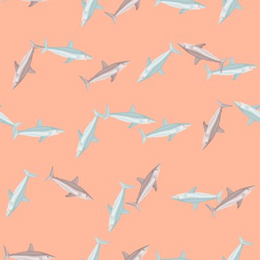 Şeftali arka planda kusursuz desenli köpekbalığı Mako. Hayvan şablonları kumaş tasarımı. Tekstil baskısı, ambalaj, kapak için harika. Vektör illüstrasyonu.