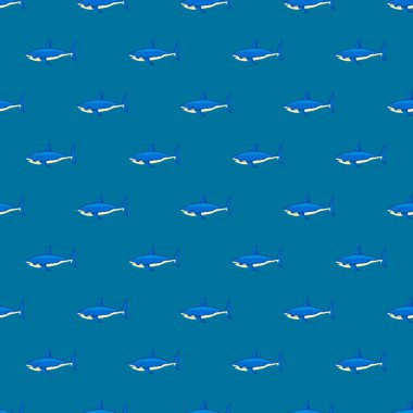 Mavi arka planda kusursuz desenli köpekbalığı. Deniz balığının herhangi bir amacı olabilir. Tekstil kumaş tasarımı için geometrik şablon. Basit vektör süsü.