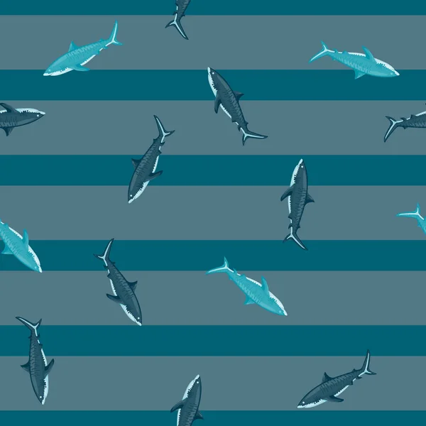Nahtloses Muster Tigerhai Auf Gestreiftem Grauem Krickehintergrund Textur Von Meeresfischen — Stockvektor