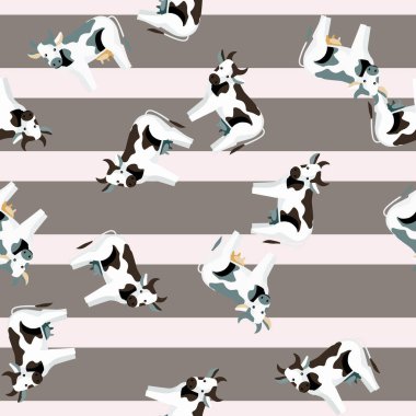 Çizgili pembe arka planda kusursuz desenli inek. Herhangi bir amaçla çiftlik hayvanlarının dokusu. Tekstil kumaş tasarımı için rastgele bir şablon. Basit vektör süsü.