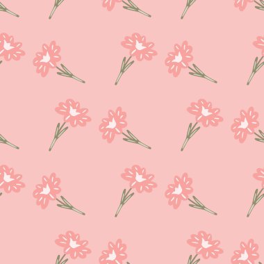 Açık pembe arka planda el çizimi ile kusursuz desen. Karalama tarzında vektör şablonu. Kumaş, ambalaj kağıdı, duvar kağıdı için yumuşak yaz botanik dokusu