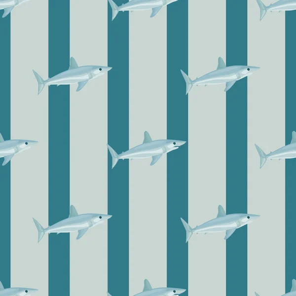 Tiburón Patrón Inconsútil Mako Sobre Fondo Rayado Gris Azul Plantillas — Archivo Imágenes Vectoriales