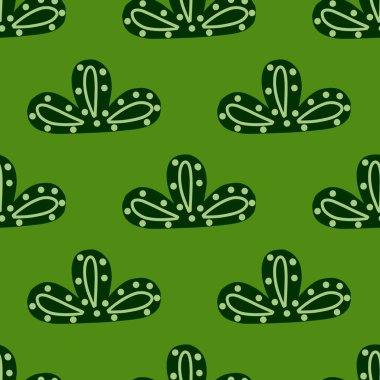 Yeşil arka planda kusursuz desenli soyut bulutlar. Karalama şeklinde karalama ile vektör geometrik şablon. Kumaş için yumuşak doku, ambalaj kağıdı, duvar kağıdı, mendil.