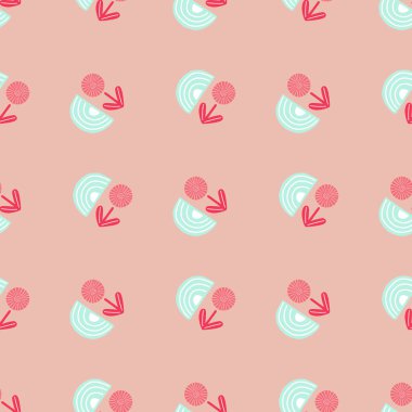 Pembe arka planda kusursuz desenli soyut çiçekler. Tekstil tasarımı için minimalist pembe desenli bitkiler. Herhangi bir amaç için geometrik şablon izi. Basit vektör kumaş süsü.