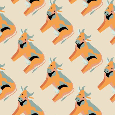 Bej arka planda kusursuz desenli inek. Herhangi bir amaçla çiftlik hayvanlarının dokusu. Tekstil kumaş tasarımı için geometrik şablon. Basit vektör süsü.