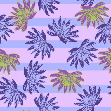 Mor çizgili arka planda elde nilüfer çizilmiş kusursuz desen. Karalama tarzında vektör pembe çiçek şablonu. Kumaş, ambalaj kağıdı, duvar kağıdı için yumuşak yaz botanik dokusu.