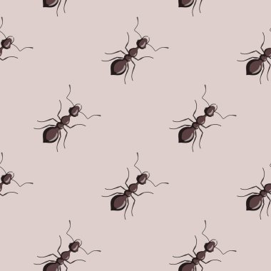 Pastel gri arka planda kusursuz desenli koloni karıncaları. Vektör böcekler herhangi bir amaç için düz bir şekilde şablon oluştururlar. Modern hayvan dokusu kumaş, ambalaj kağıdı, duvar kağıdı, doku, illüstrasyon.