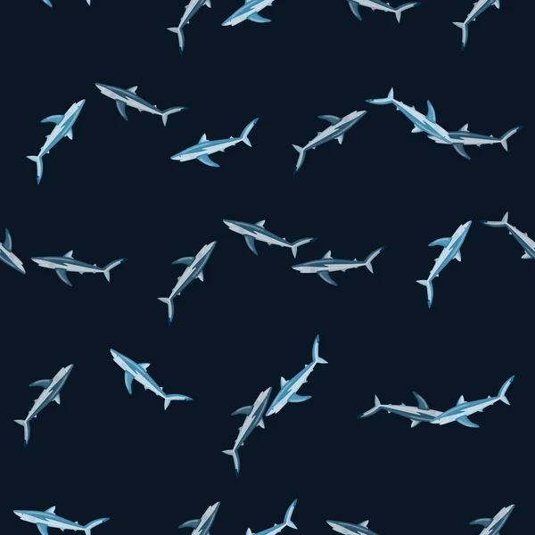 Seamless Pattern Blue Shark Black Background Texture Marine Fish Any — Stock Vector