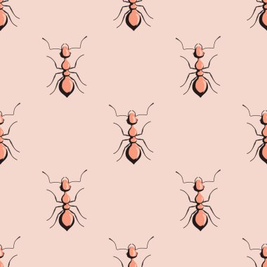 Pembe arka planda kusursuz desenli koloni karıncaları. Vektör böcekler herhangi bir amaç için düz bir şekilde şablon oluştururlar. Modern hayvan dokusu kumaş, ambalaj kağıdı, duvar kağıdı, doku, illüstrasyon.