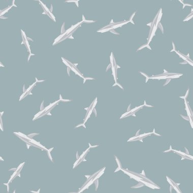 Gri arka planda kusursuz mavi köpekbalığı deseni. Deniz balığının herhangi bir amacı olabilir. Tekstil kumaş tasarımı için rastgele bir şablon. Basit vektör süsü.