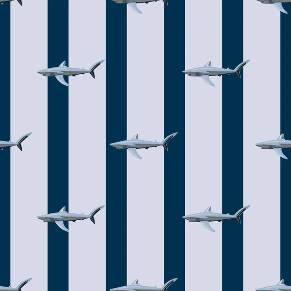 Patrón Inconsútil Tiburón Azul Sobre Fondo Negro Gris Rayado Textura — Archivo Imágenes Vectoriales