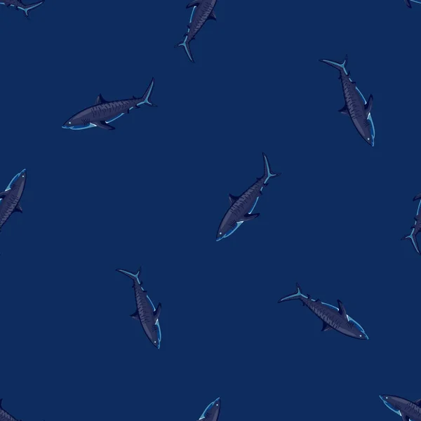 Płynny Wzór Rekina Tygrysa Ciemnoniebieskie Tło Szara Faktura Ryb Morskich — Wektor stockowy