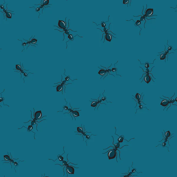 Sömlös Mönster Koloni Myror Mörkblå Bakgrund Vektor Insekter Mall Platt — Stock vektor