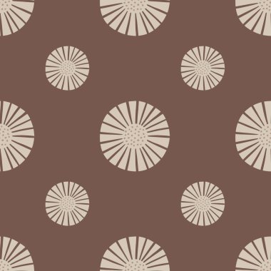Kahverengi arka planda kusursuz desenli soyut çiçekler. Tekstil tasarımı için bitkilerin klasik dokusu. Herhangi bir amaç için geometrik şablon izi. Basit vektör kumaş süsü.