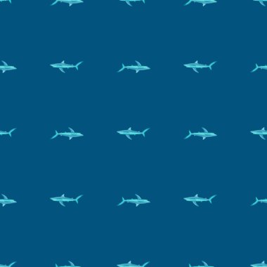 Koyu mavi arka planda kusursuz mavi köpekbalığı deseni. Deniz balığının herhangi bir amacı olabilir. Tekstil kumaş tasarımı için geometrik şablon. Basit vektör süsü.