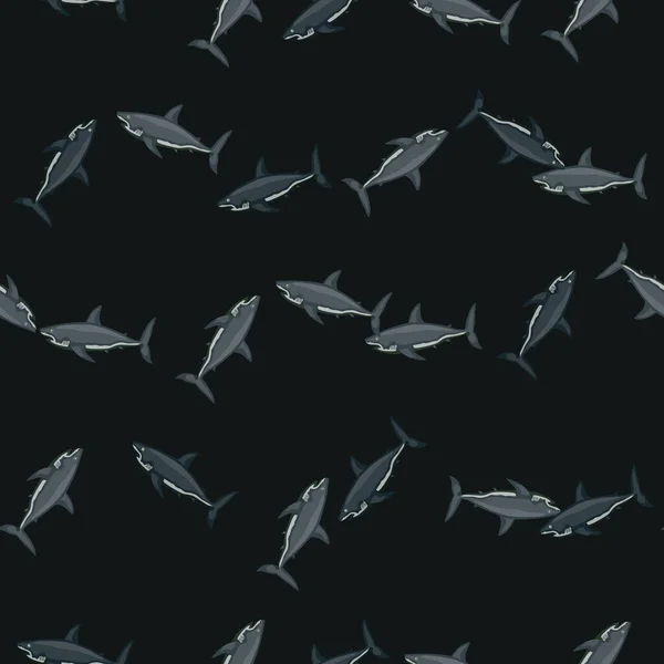 黑底无缝纹鲨鱼 用于任何目的的海鱼的纹理 纺织品设计的随机模板 简单的矢量装饰品 — 图库矢量图片