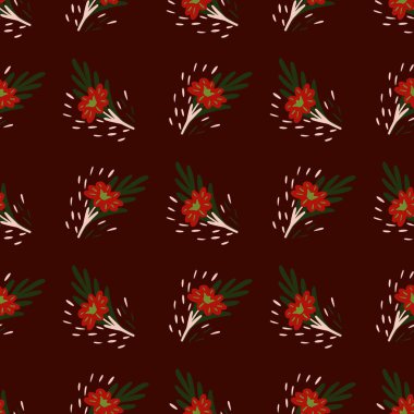 Kahverengi arka planda küçük çiçek buketleri olan kusursuz desenler. Karalama tarzında vektör şablonu. Kumaş, ambalaj kağıdı, dolgu malzemesi, duvar kağıdı için yumuşak yaz botanik dokusu.